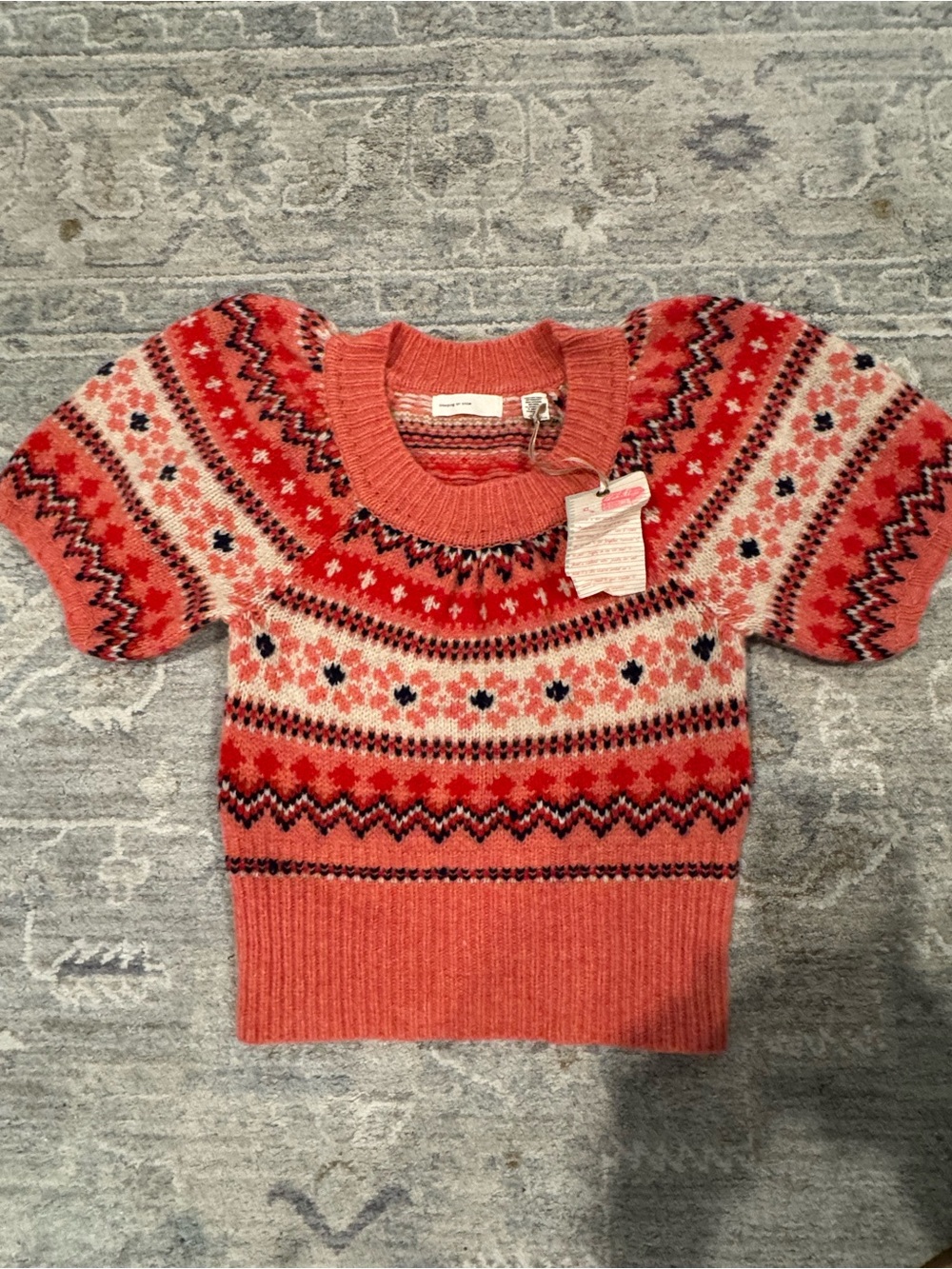 Coral Fair Isle Short-Sleeve Crew Sweater - Unknown Brand